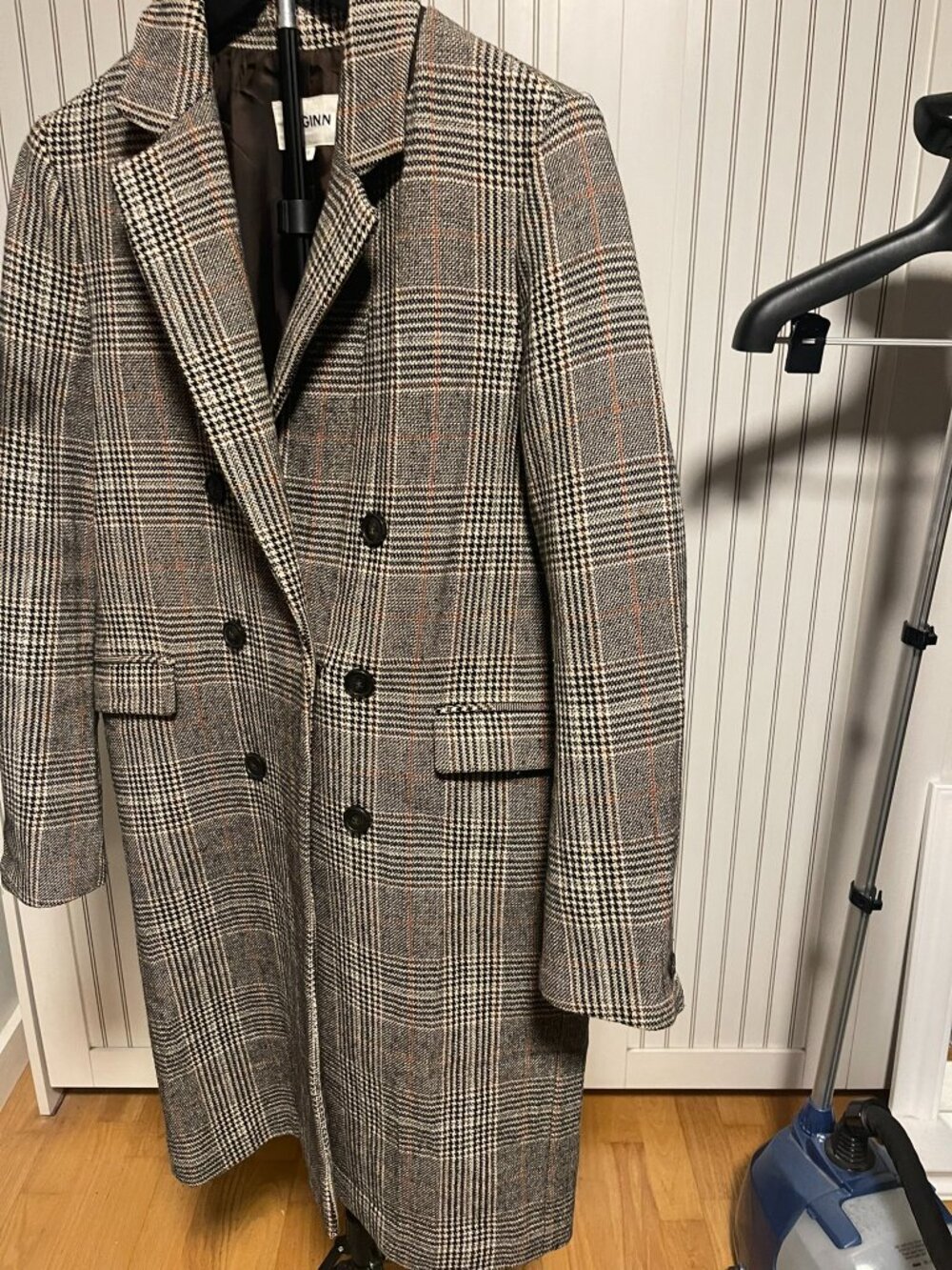 McGINN Wool 50% Glen Plaid Double Breasted Long Coat Size 38